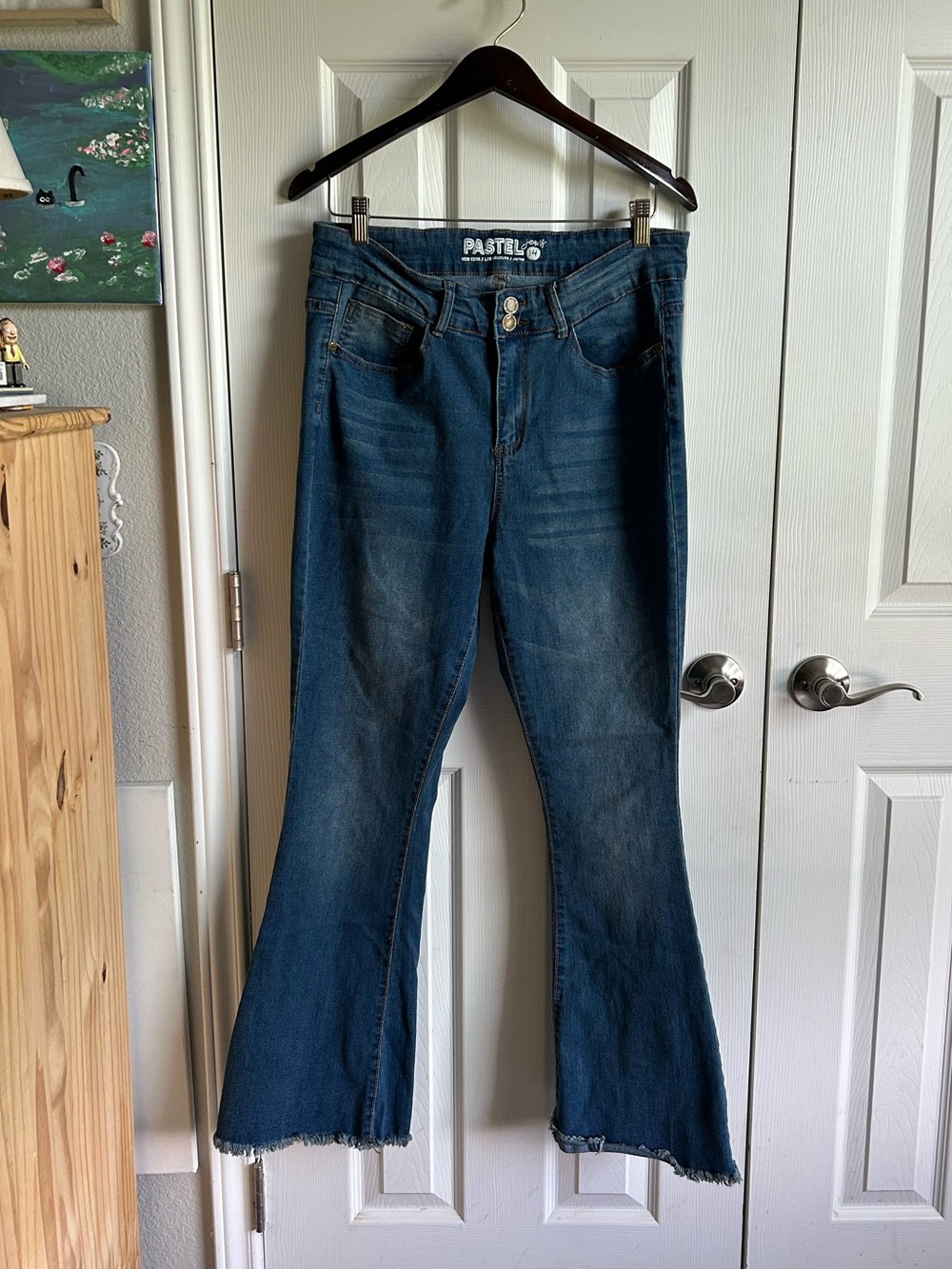 Pastel blue stretch high rise rough hem retro flare leg jeans